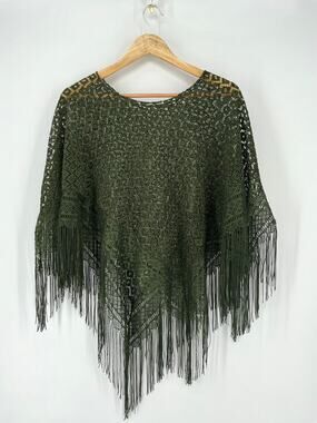 Olive Green Crochet Fringe Poncho Boho Western Festival Open Knit One Size